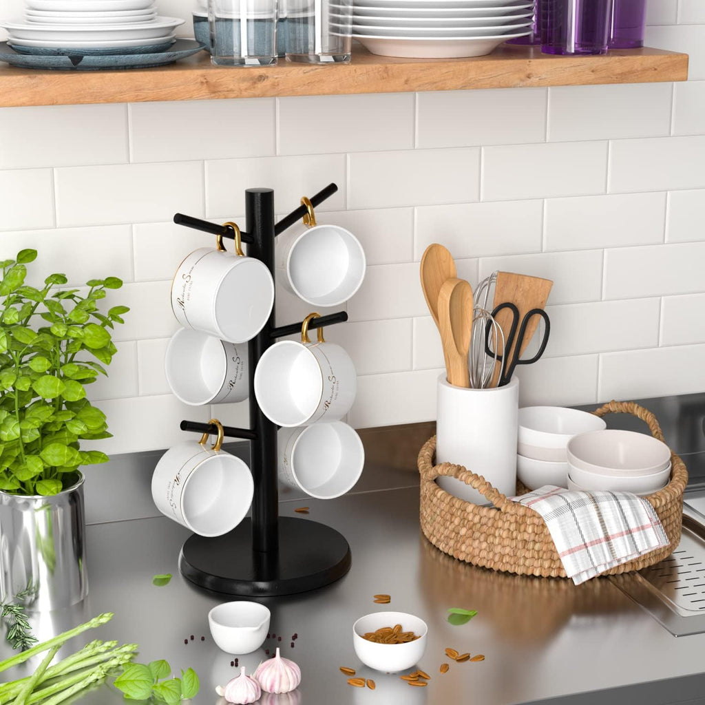 Wisuce Black Coffee Mug Tree Bamboo Mug Holder Coffee Cup Stand Mug Holders for Countertop Coffee Mug Rack Organizer Stand (Black Basic)