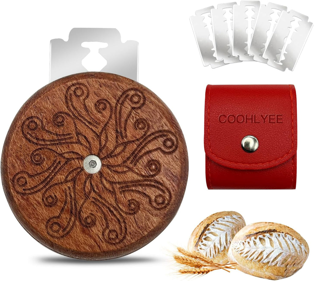 Bread Lame Sourdough Scoring Tool,Wooden Lame Bread Scoring Tool with 5 Razor Blades and Leather Storage Cover,UFO Bread Lame Dough Scoring Tool for Bread Baking