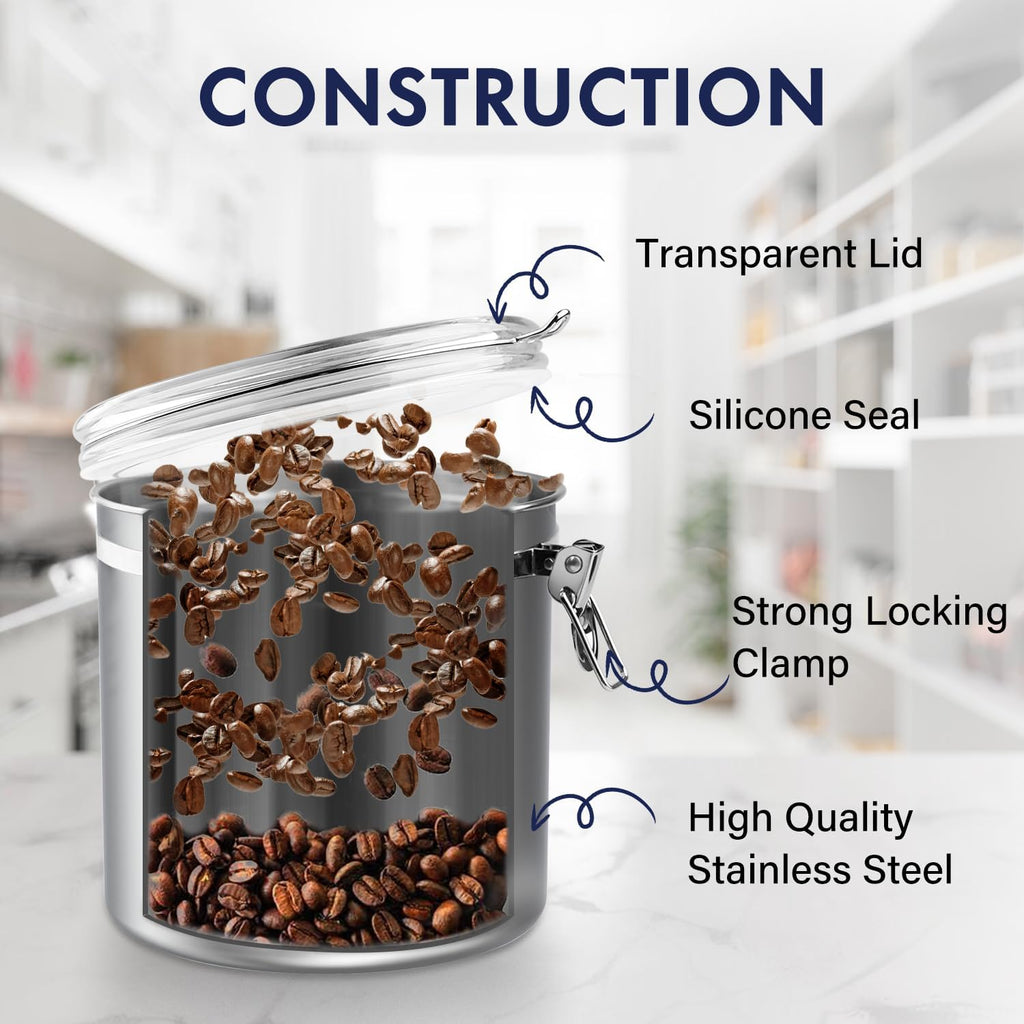 ENLOY 165oz Stainless Steel Airtight Canister for Kitchen, Large Flour Coffee Bean Tea Cereal Sugar Cookie Metal Food Storage Canisters with Clear Lid and Sturdy Locking Clamp