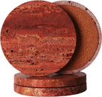 CASACOUTURE-Red Travertine-Stone-Coasters Set of 4-Round -4" Diameter Drink Coasters for Housewarming Desktop Protection Suitable for Various Cups - Sturdy and Durable Aesthetics