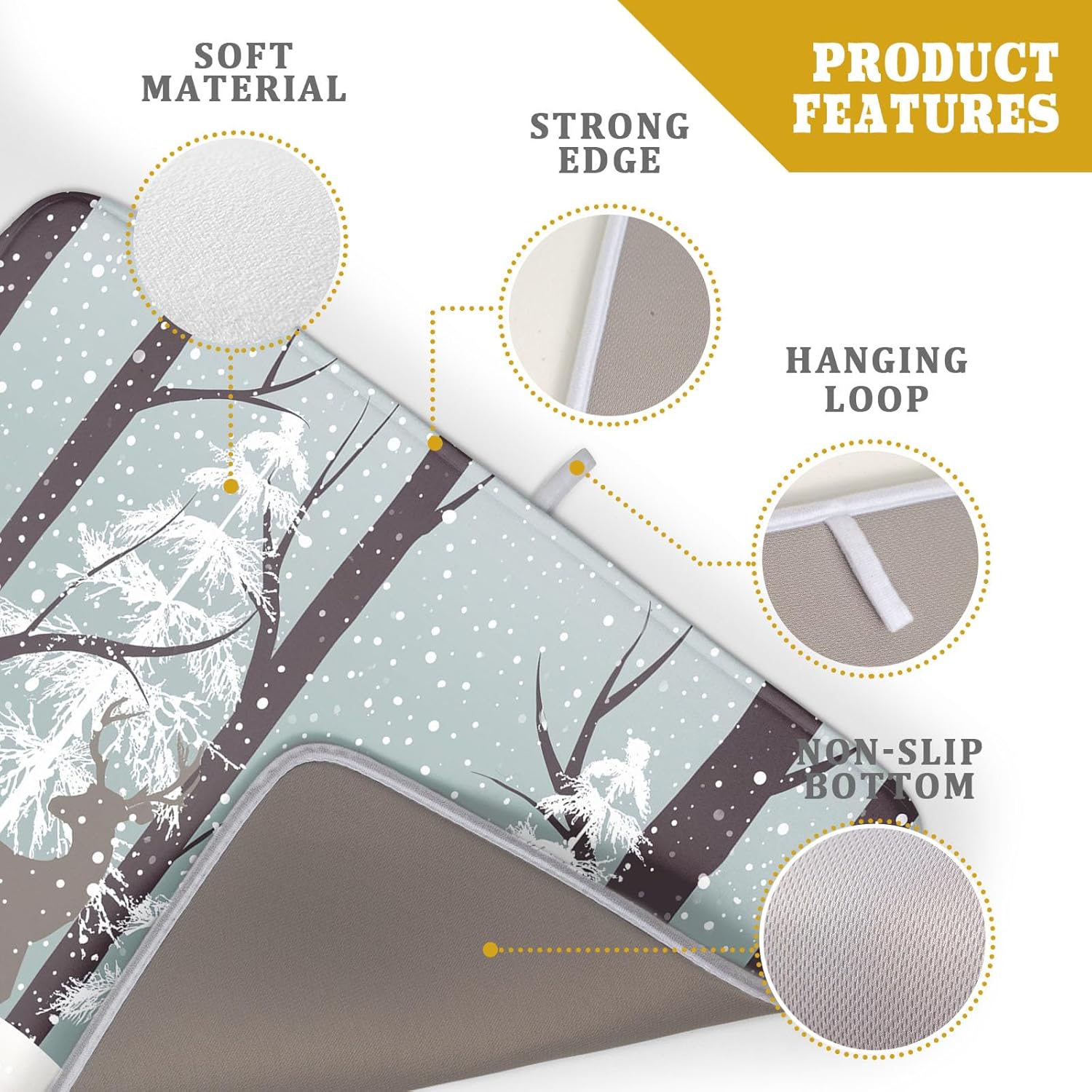 Winter Wildlife Deer Dish Drying Mat for Kitchen Counter,Xmas Landscape Snow Tree Ivory Drying Mat 18 x 24 Inch with High Absorbent Microfiber Drainer Mat for Coffee Bar