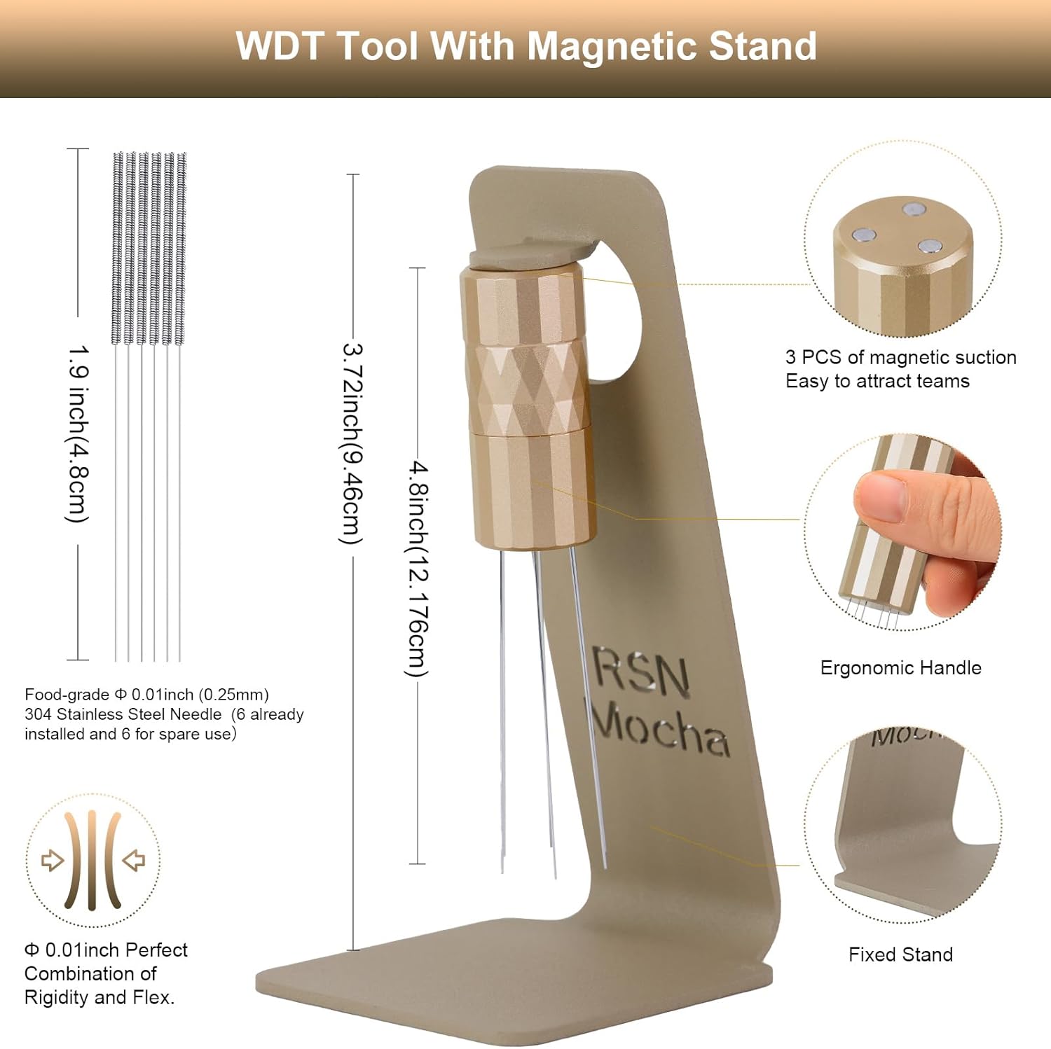 WDT Tool Espresso Distribution Tool, Coffee Distribution Tool with Magnetic Stand, Espresso Accessories with 6 Extra Φ0.25mm Stainless Steel Needles for Barista (Rich Gold, Φ0.25mm)