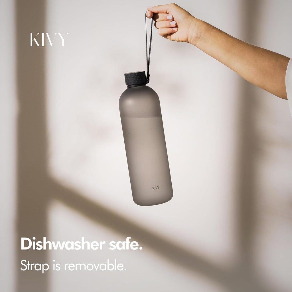 KIVY Large Water Bottle 50oz [Lightweight & Shatterproof] Fits Backpack & Cupholder for Travel, Sports, School - Black water bottle no straw - 1.5 Liter water bottles - 50oz Water bottle