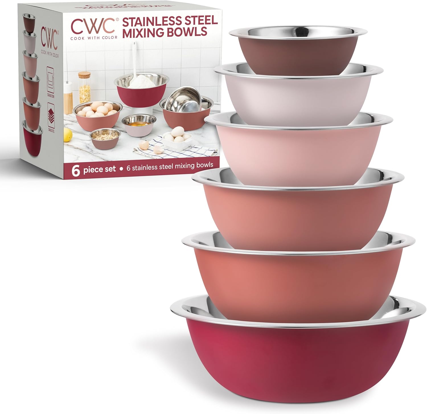 COOK WITH COLOR Stainless Steel Mixing Bowls Set - Nesting Bowls, 6 Pieces, Rose