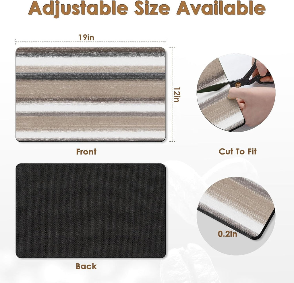 Arttown Coffee Mat for Countertops, Striped Abstract Tan Gray Retro Dish Drying Mat 2 Pcs for Kitchen Bar Accessories, Fit Under Coffee Maker Espresso Machine Dish Rack Hide Stain Rubber 12x19in