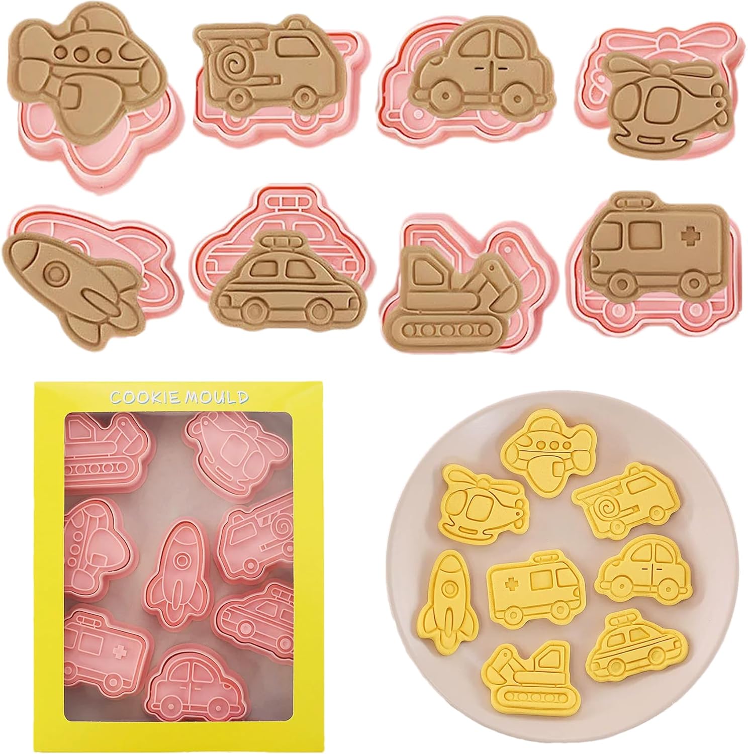 8Piece Vehicle Cookie Cutters Set,3D Transport-Themed Plastic Baking Molds for Cookies, Fondant, Cheese – Includes Plunger Stamp for Embossing (E)