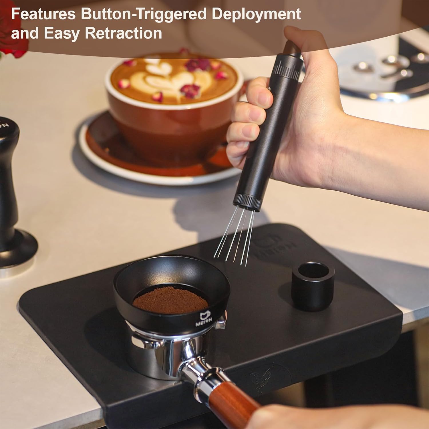 MEION Retractable WDT Espresso Distribution Tool Espresso Stirrer Tools, 0.35mm 6 Needles Coffee Distributor with Extra 6 Replaceable Needles, Espresso Machine Accessories for Barista (Black, V2)