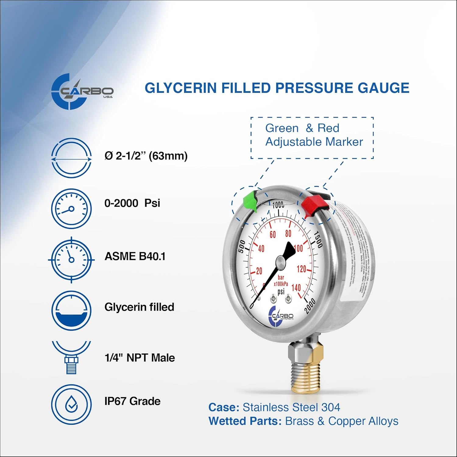 Stainless Steel Pressure Gauge Dual Display (0-2000 psi/kPa) - 2 1-2" Glycerine Liquid Filled Water Air Oil Gas Gauge with Polycarbonate Lens & Brass Connection -1/4" NPT Lower Mount