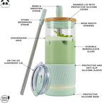 Pandaloo® Glass Cups With Lids and Straws -20 Fl Oz- Perfect Size Iced Coffee Cup - Smoothie Cup With Bamboo Lid and On the go Lid (Sweet Sage, 1 Count (Pack of 1)