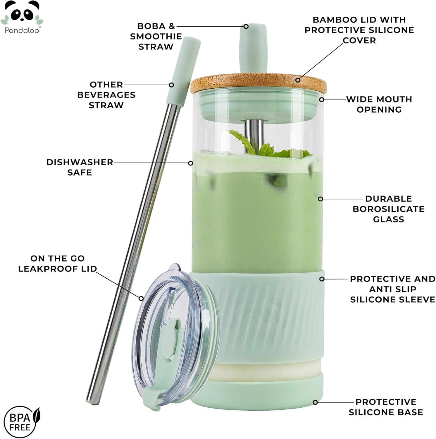 Pandaloo® Glass Cups With Lids and Straws -20 Fl Oz- Perfect Size Iced Coffee Cup - Smoothie Cup With Bamboo Lid and On the go Lid (Sweet Sage, 1 Count (Pack of 1)
