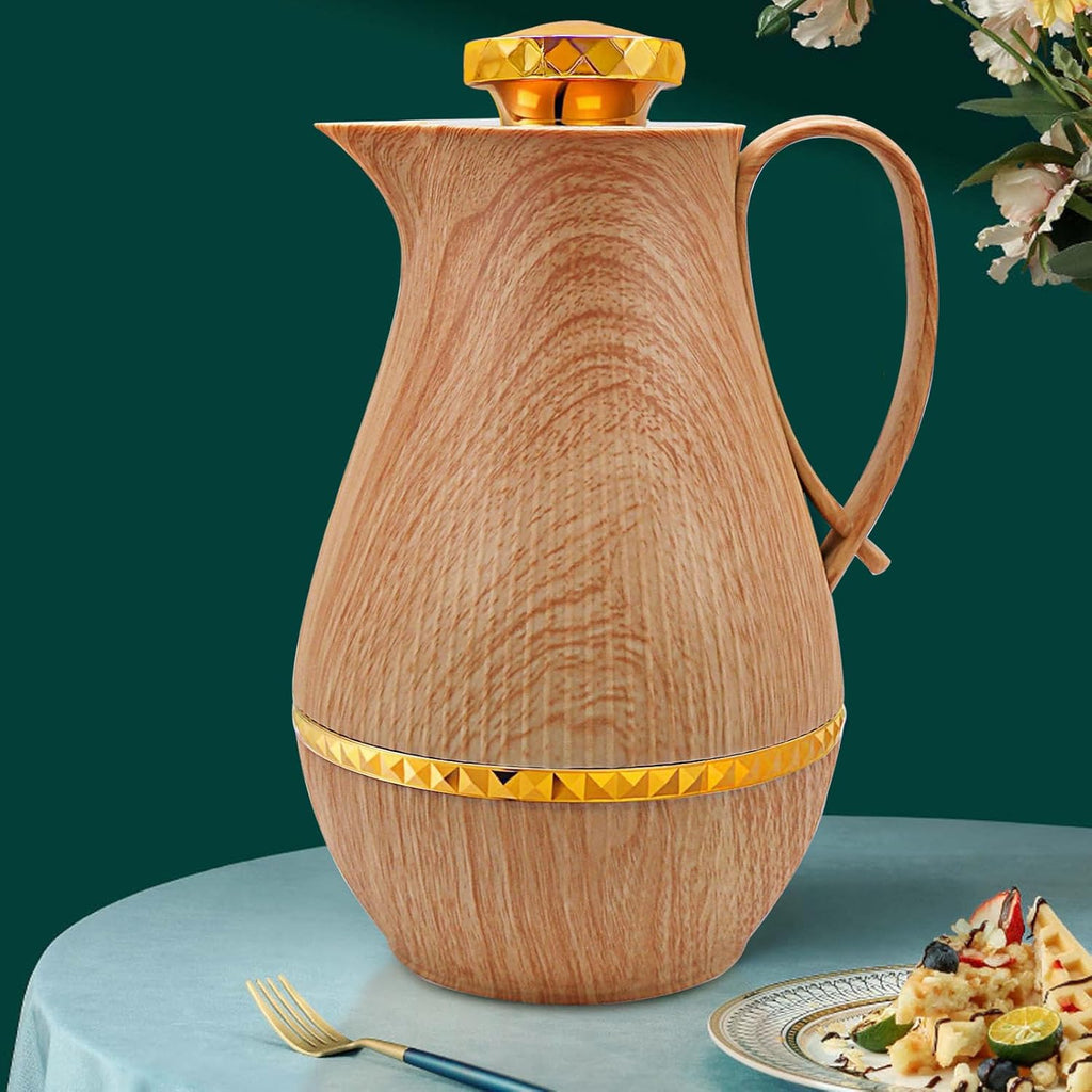 Insulated Thermal Coffee Carafe, 33 oz, Luxury Arabic-Style Insulated Carafe Flask, Coffee Tea Pot, with Spout and Glass Liner for Hot Cold Water, Housewarming Ornaments (Wood Color)