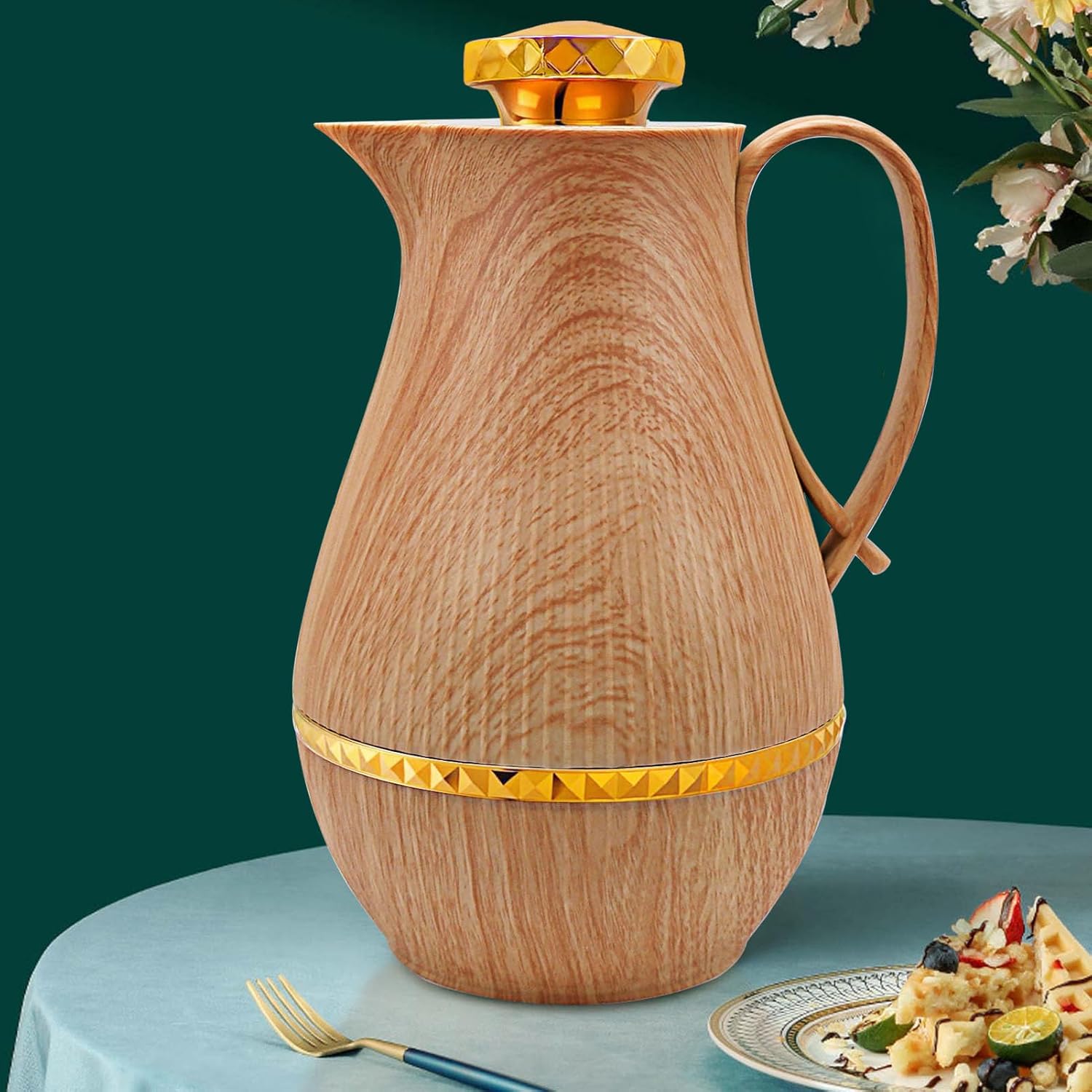 Insulated Thermal Coffee Carafe, 33 oz, Luxury Arabic-Style Insulated Carafe Flask, Coffee Tea Pot, with Spout and Glass Liner for Hot Cold Water, Housewarming Ornaments (Wood Color)