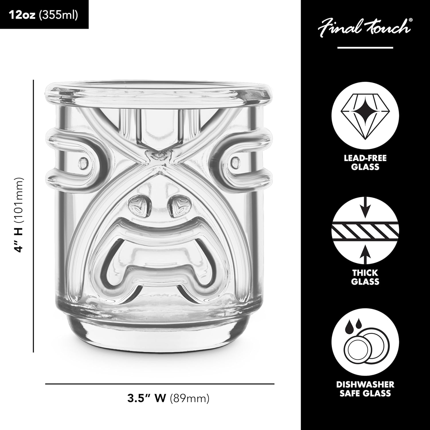 Final Touch Tiki Glasses Set of 4 - Kanaloa, Lono, Kū, Kāne Designs, 12 oz (355 ml), Clear, Stackable Totem Pole Storage, Durable Glassware for Tropical Cocktails (TK5303)