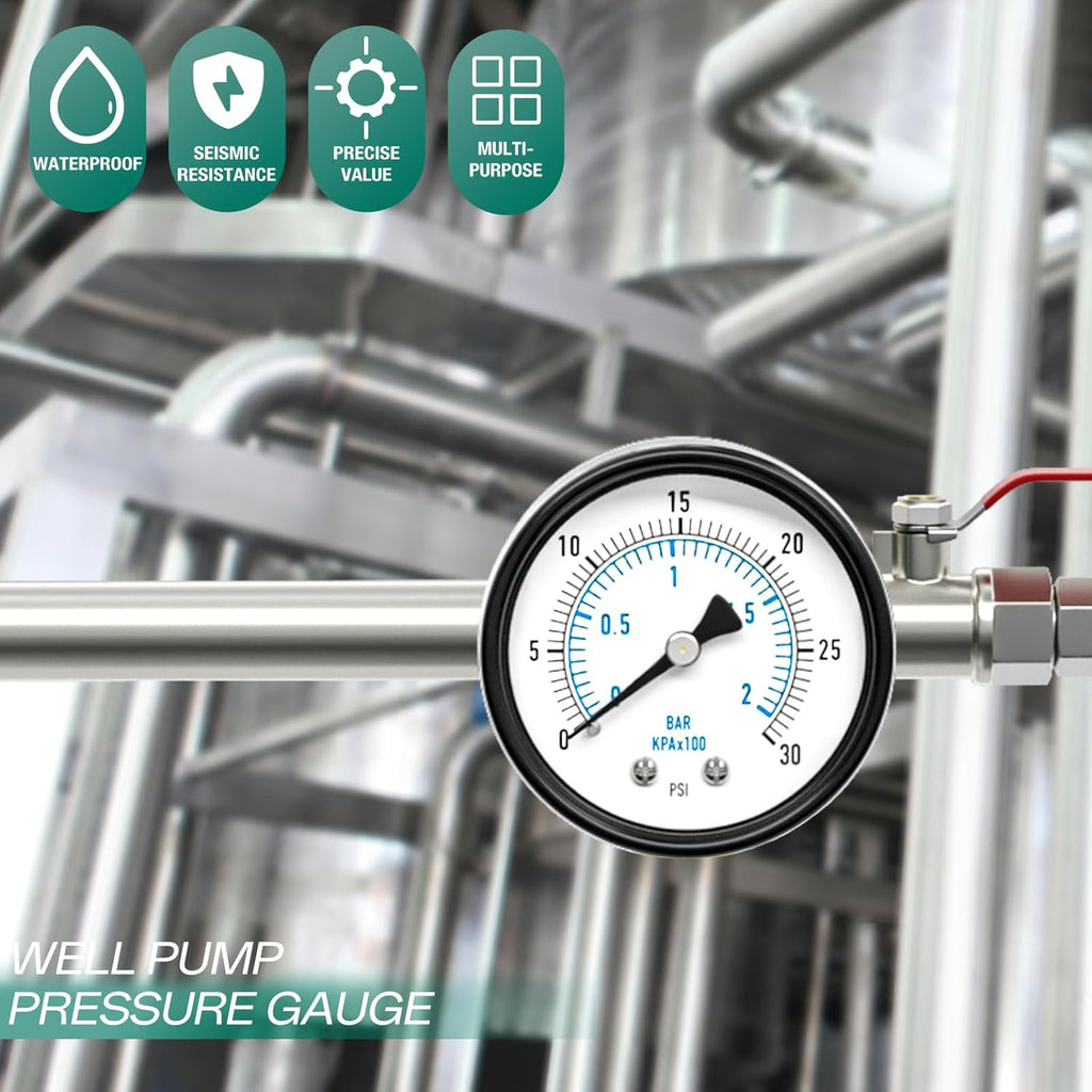0-30PSI Well Pump Pressure Gauge 2" Dial Size, 1/4" NPT Back Mount, 3-2-3% Accuracy, for Tube, Water Pump, Gas, Liquid, Pressure Test