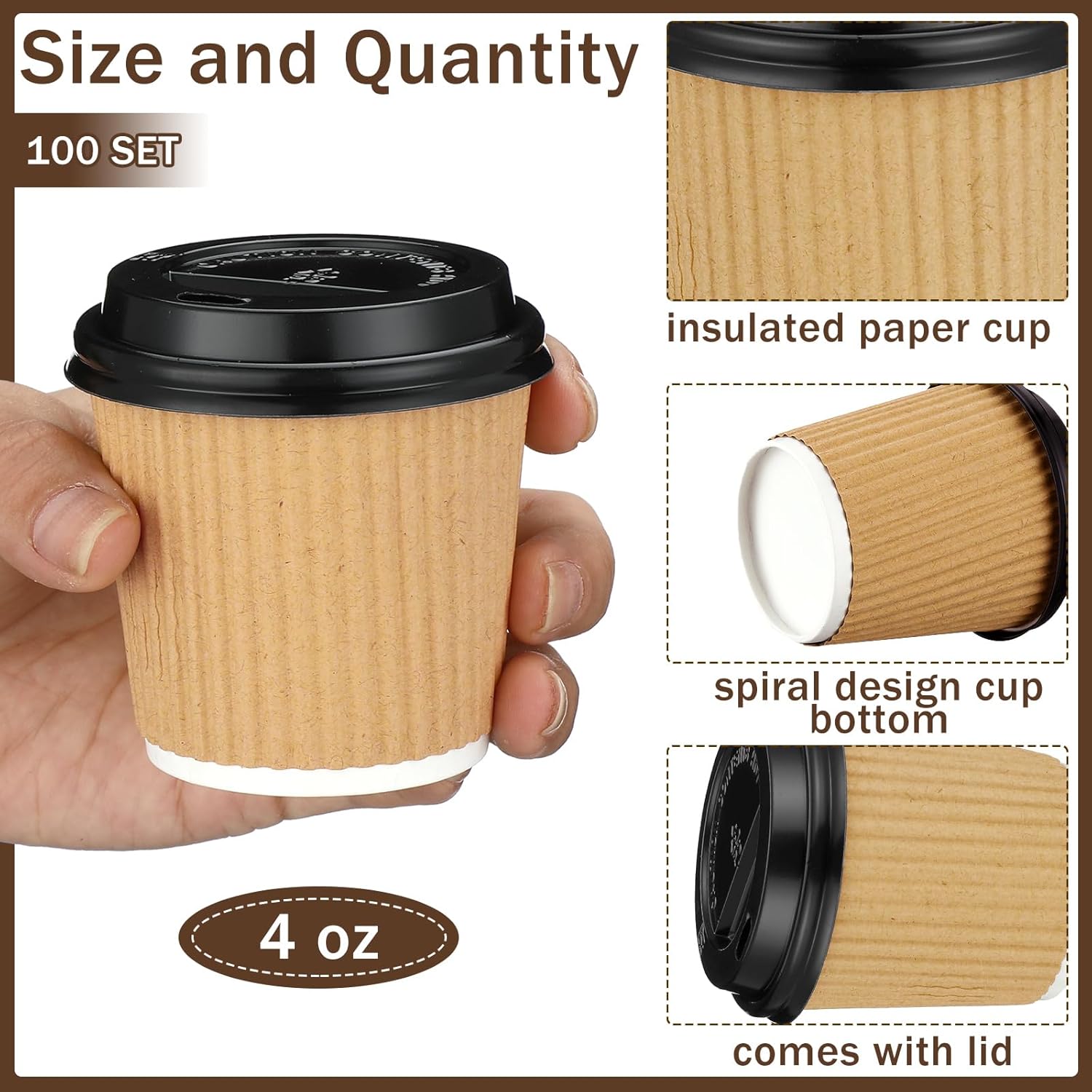 Uiifan 100 Set 4oz Disposable Espresso Cups with Lids Ripple Corrugated Paper Disposable Coffee Insulated Hot Ripple Cups for hot Chocolate, Tea, and Cocoa Drinks(Kraft Paper Color)