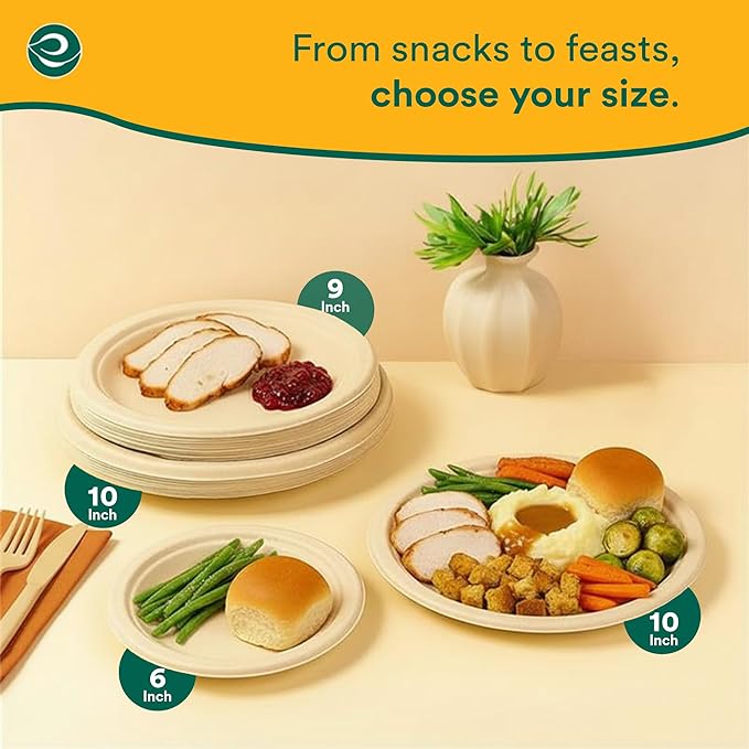 ECO SOUL Compostable 9 Inch(200-Pack) Biodegradable Heavy-Duty Disposable Eco-Friendly Paper Plates for Christmas Dinner & Parties, Wedding, Event