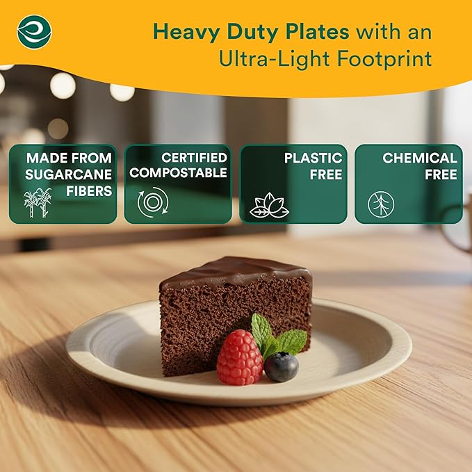 ECO SOUL Compostable Paper Plates 6 Inch (1000 Count) Plates for Christmas Dessert, Heavy Duty, Eco-Friendly Sugarcane Bagasse Small Plates For Appetizer- Natural Brown