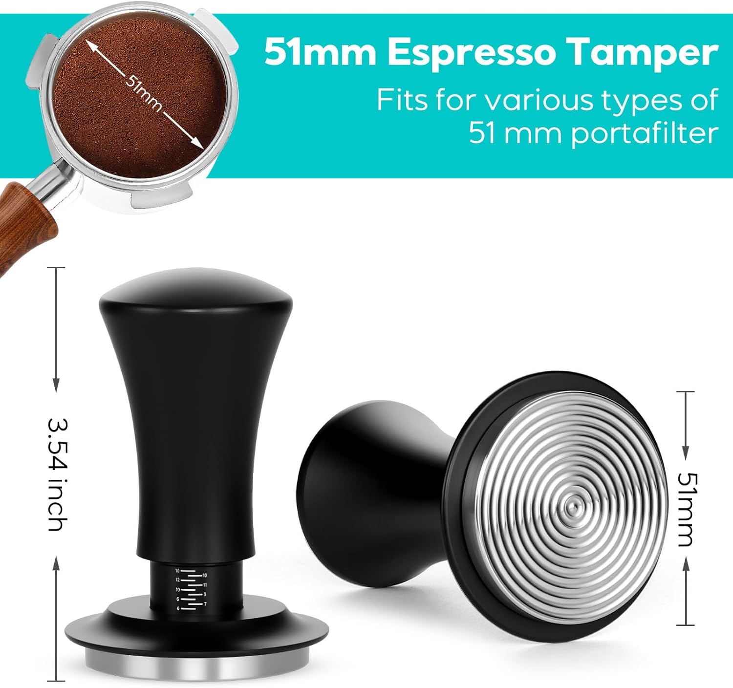 CASABREWS Black Espresso Coffee Tamper 51mm – Heavy-Duty 30lb Calibrated Tamper with Flat Stainless Steel Base, Spring Mechanism for Even Pressure, Compatible with 51mm Portafilter