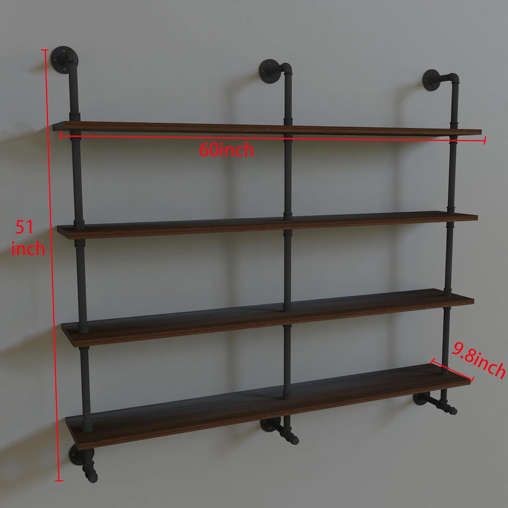 Industrial Pipe Wall Shelves Pipe Shelving with Real Wood Plank,60 Inches Floating Shelves for Wall Farmhouse Pipe Book Shelves Dark Brown 4 Tier for Kitchen,Living Room Decor and Bar Shelving