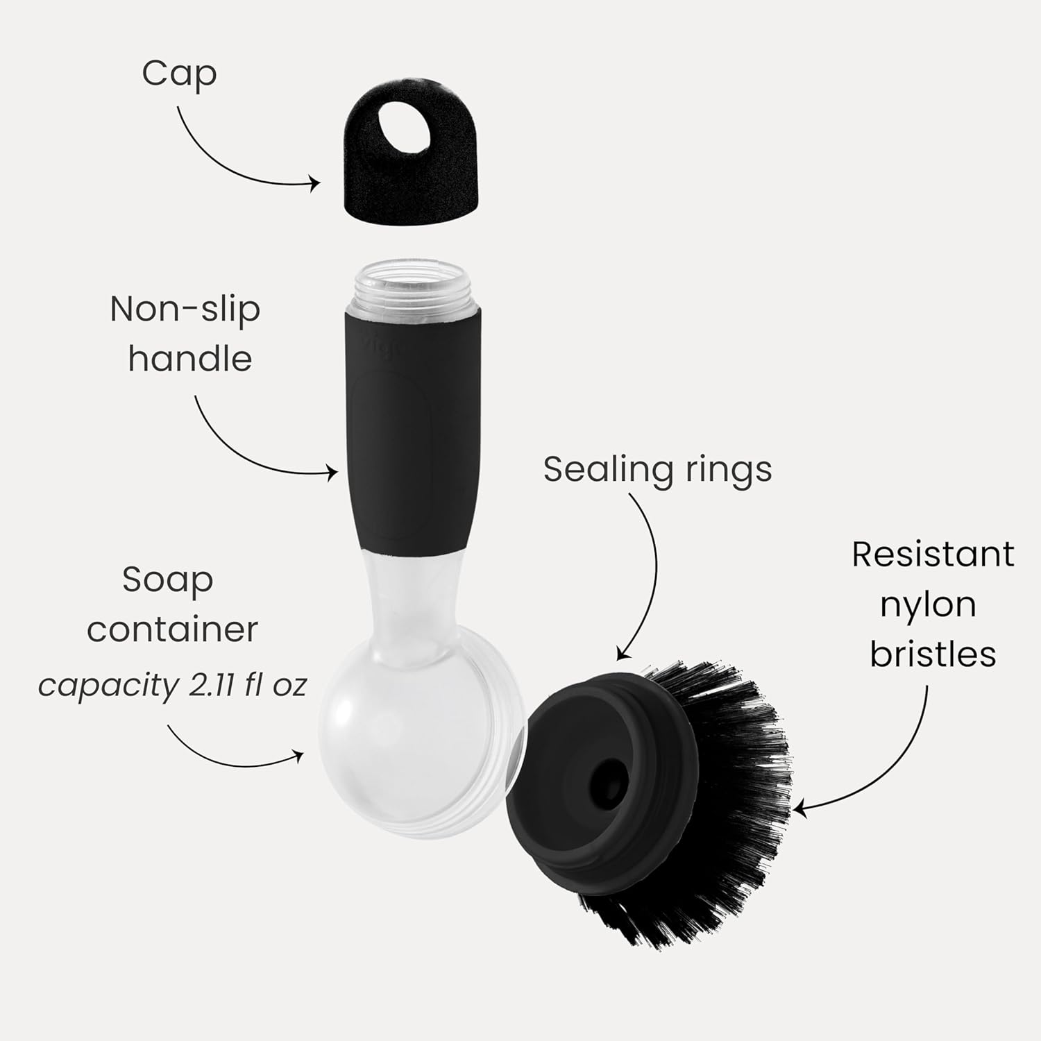 Vigar Rengo Soap Dispensing Dish Brush, Dish Brush with Soap Dispenser for Pot Scrubber, Dishes, Sink Cleaner, and Kitchen Essentials, Black