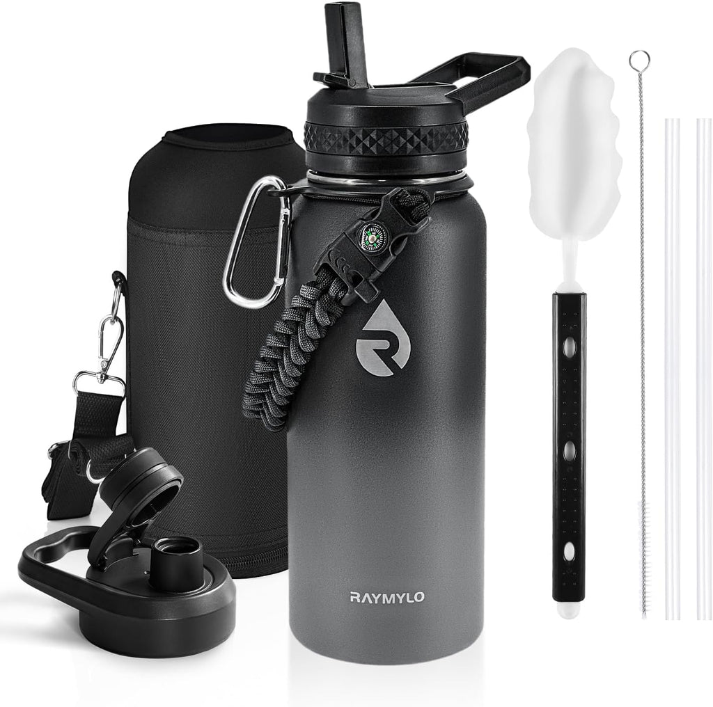 Insulated Water Bottle 32 oz, Triple Wall Vacuum Stainless Steel (Cold for 48 Hrs), Leak Proof & Non-BPA, Modern Water Flask Jug with Paracord Handle & Straw Spout Lids, Dark Grey