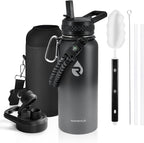 Insulated Water Bottle 32 oz, Triple Wall Vacuum Stainless Steel (Cold for 48 Hrs), Leak Proof & Non-BPA, Modern Water Flask Jug with Paracord Handle & Straw Spout Lids, Dark Grey