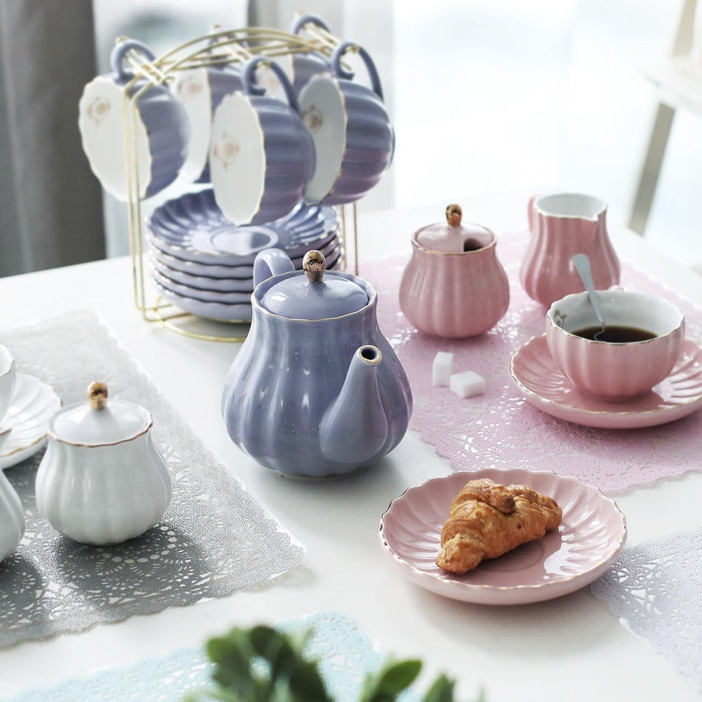 Porcelain Tea Sets British Royal Series, 8 OZ Cups& Saucer Service for 6, with Teapot Sugar Bowl Cream Pitcher Teaspoons and tea strainer for Tea/Coffee, Pukka Home(purple)