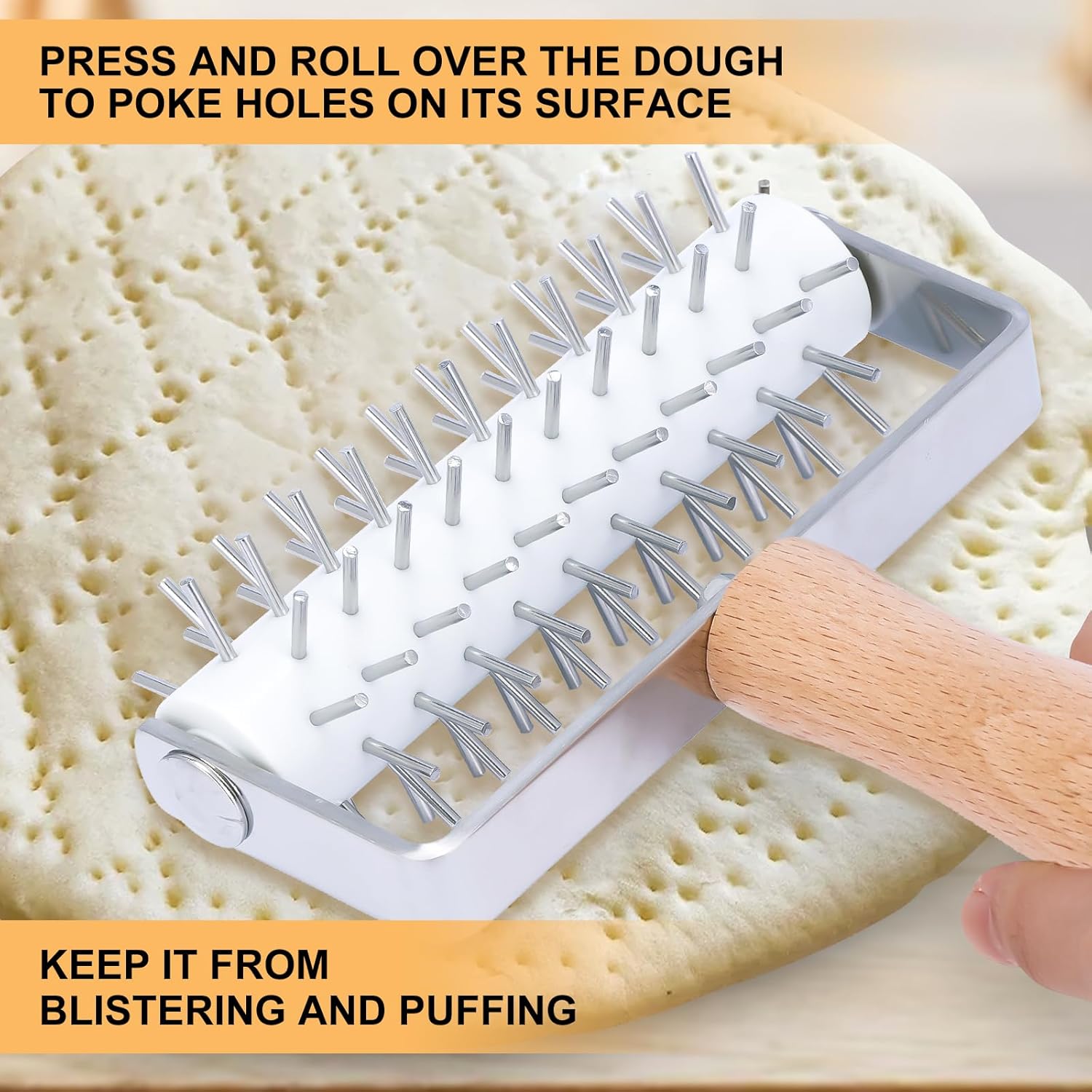 Pizza Dough Docker, Professional Dough Roller with Stainless Steel Spikes Wood Handle, Sturdy Pizza Docking Tool for Home & Commercial Kitchen, Time-Saver for Making Pizza Pie Pastry Bread