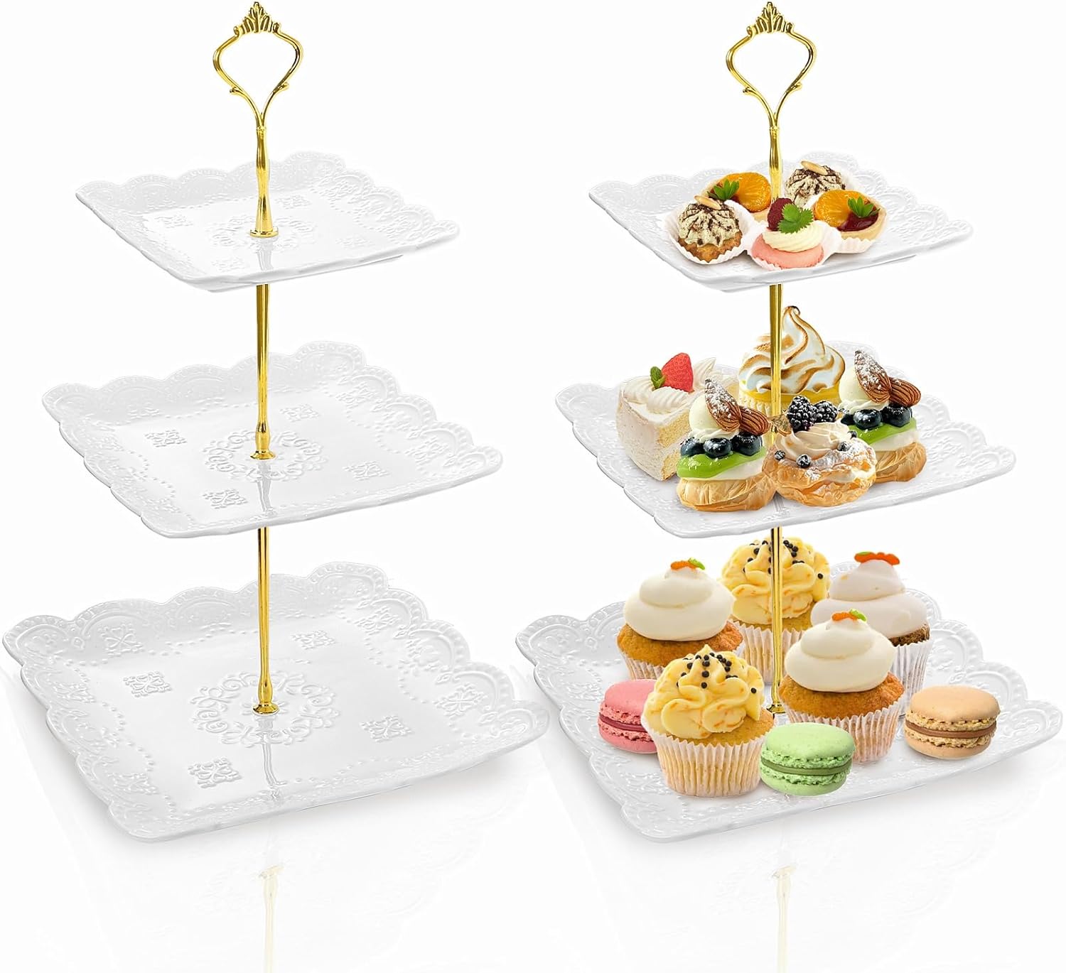 Tebery 2 Pack 3-Tier White Ceramic Embossed Dessert Cake Tower Stand with Gold Carry Handle, Cupcake Stand Serving Trays, Porcelain Party Food Server Display Holder