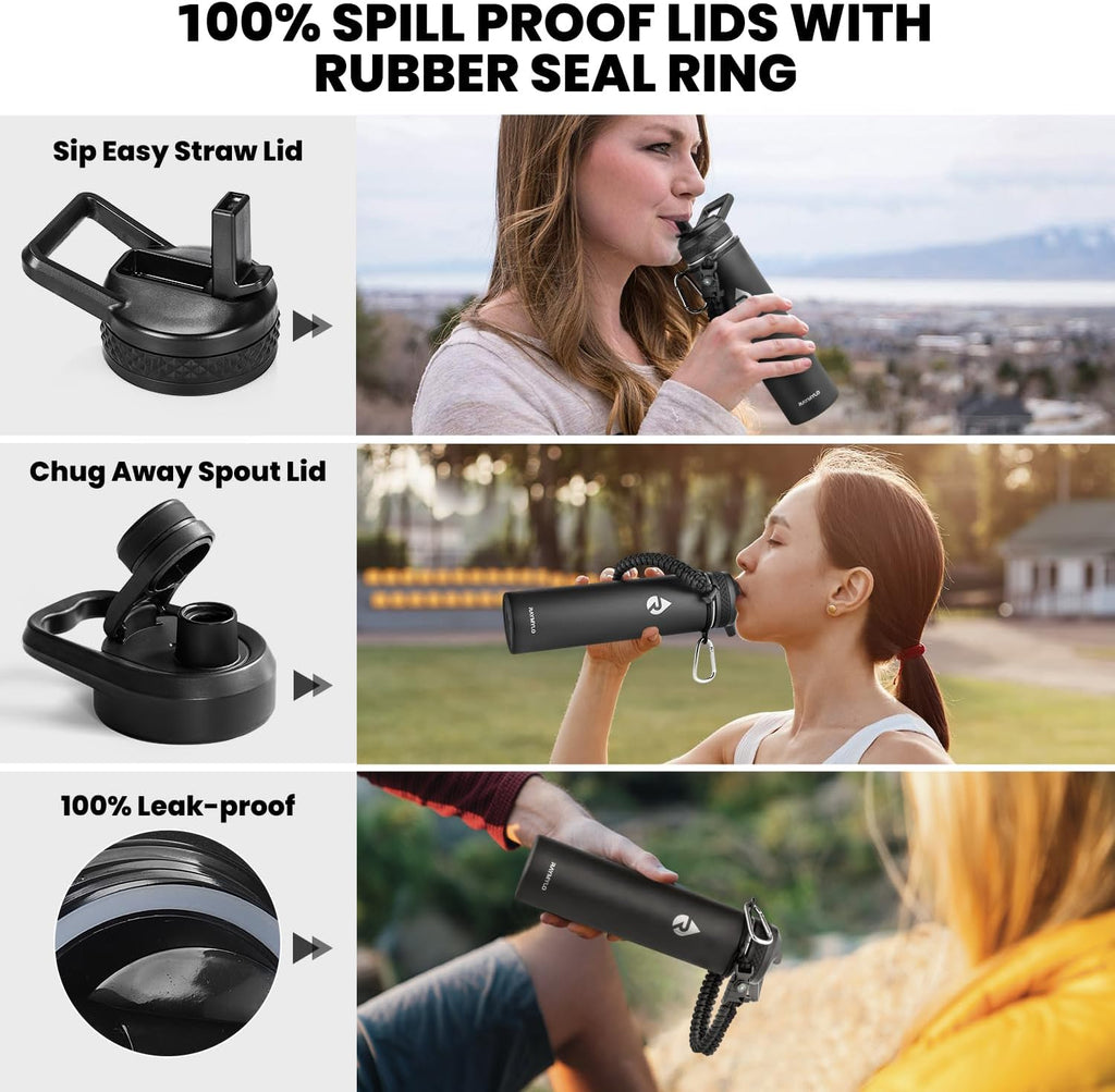 Insulated Water Bottle 24oz, Triple Wall Vacuum Stainless Steel (Cold for 48 Hrs, Hot for 24Hrs), Leak Proof & Non-BPA, 24oz Hydro Water Flask with Paracord Handle & Straw Spout Lids