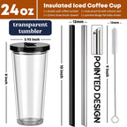 ALINK Reusable Iced Coffee Cup with Lid and Straw, 24 oz Boba Tea Smoothie Cup, Leak Proof Double Wall Insulated Iced Coffee Tumbler for Hot Cold Drinks, Bubble Tea, With 2 Boba Straws 1 Brush