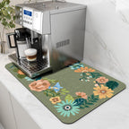 AMOAMI Coffee Mat Hide Stain Rubber Backed Absorbent Dish Drying Mat for Kitchen Counter - Fits Under Coffee Maker - Floral GREEN 12X19