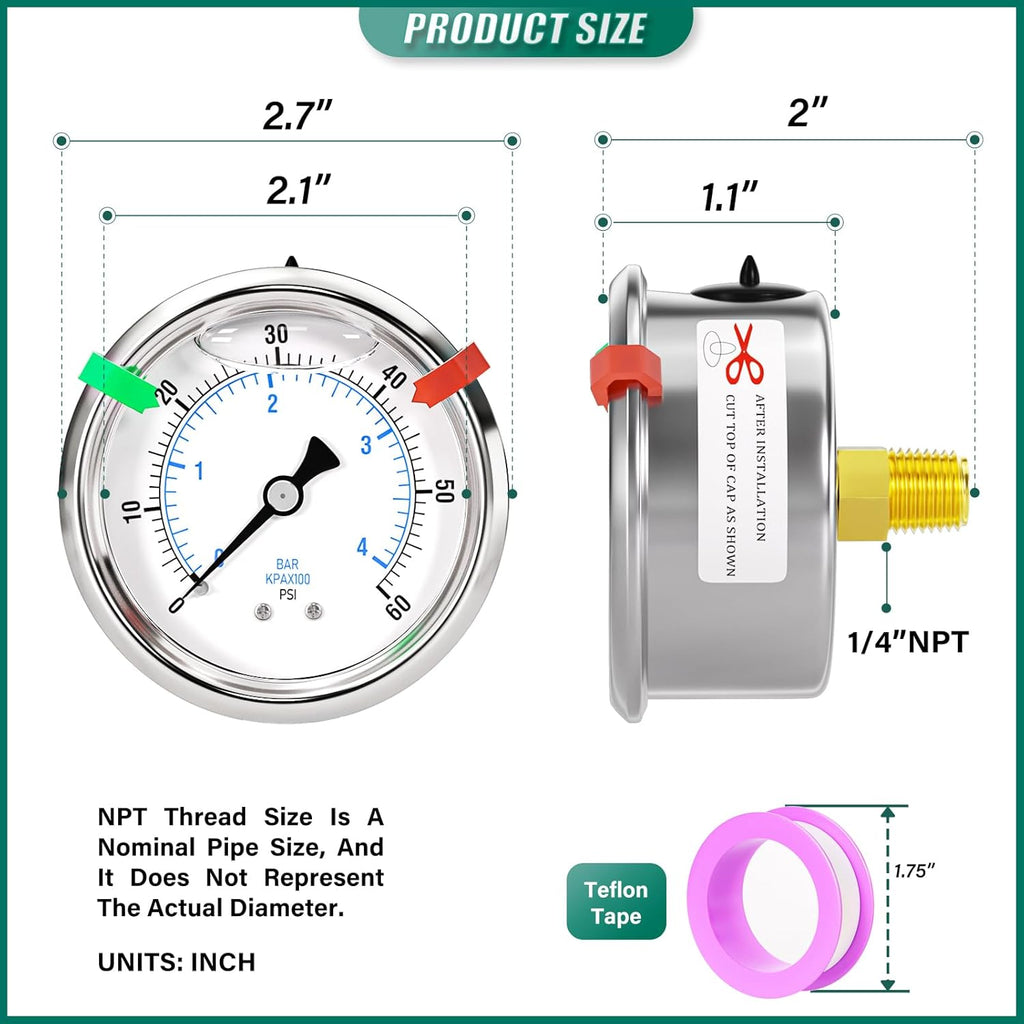 0-60psi Stainless Steel Glycerin Liquid Filled Pressure Gauge 1/4" NPT 2.5" Face Dial Center Back Mount, for Water, Oil and Air Pressure Testing (with Range Mark Pointer)
