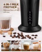 4-in-1 Electric Milk Frother and Steamer, Milk Steamer and Cold Foam Maker, Hot Chocolate Maker, Frother for Coffee, Latte, Macchiato, Cappuccino, BPA Free, Black