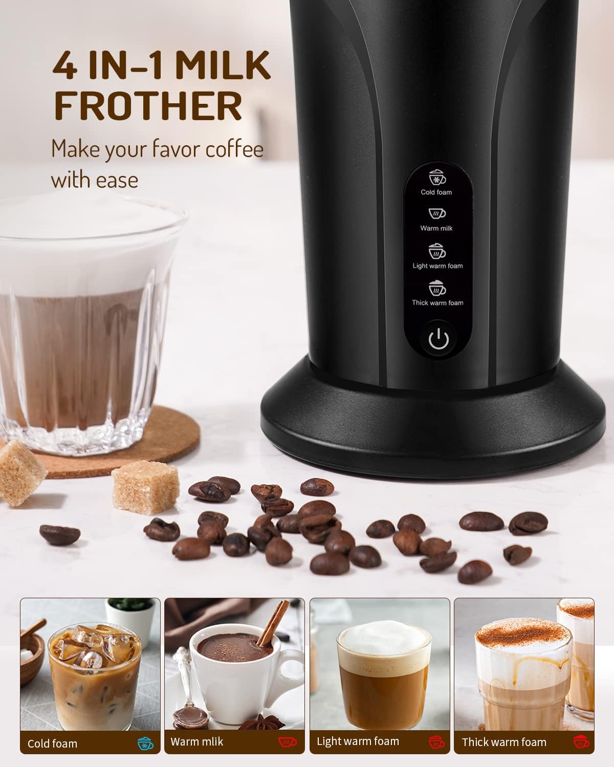 4-in-1 Electric Milk Frother and Steamer, Milk Steamer and Cold Foam Maker, Hot Chocolate Maker, Frother for Coffee, Latte, Macchiato, Cappuccino, BPA Free, Black