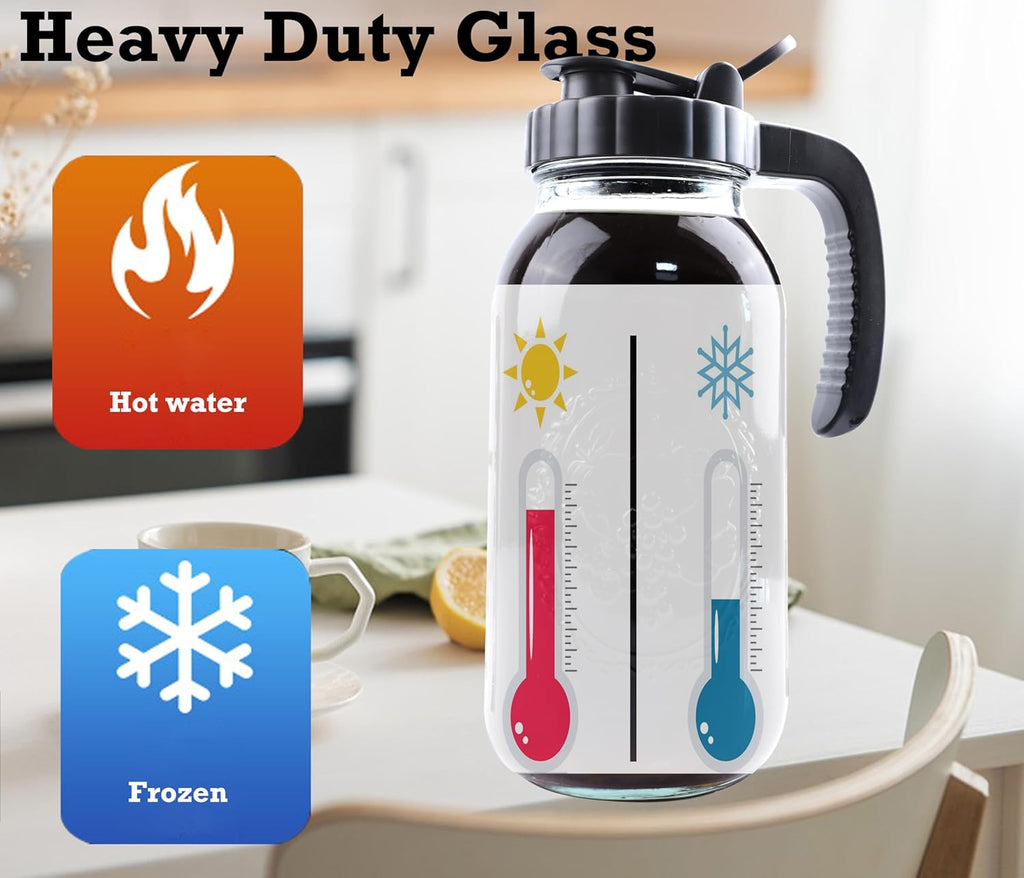 Cold Brew Coffee Maker Pitcher 2 Quart Glass Mason Jar With Spout Lid Filter Half Gallon Wide Mouth Iced Tea Brewing Jug Heavy Duty Handle Airtight & Leak-Proof Pitcher For Fridge Sun Tea 64 OZ