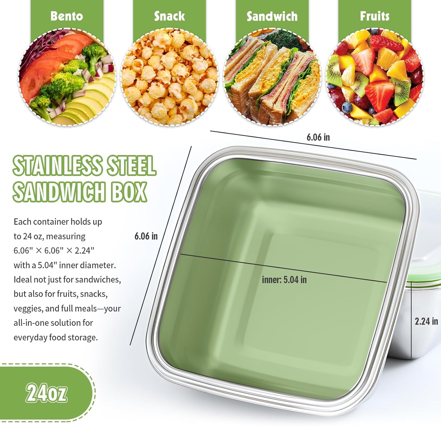 2 Pack Sandwich Containers, 24oz Stainless Steel Sandwich Box with Airtight Lids, Reusable Metal Meal Prep Lunch Boxes, BPA-Free, Dishwasher Safe, Food Storage Containers for Families (Green)