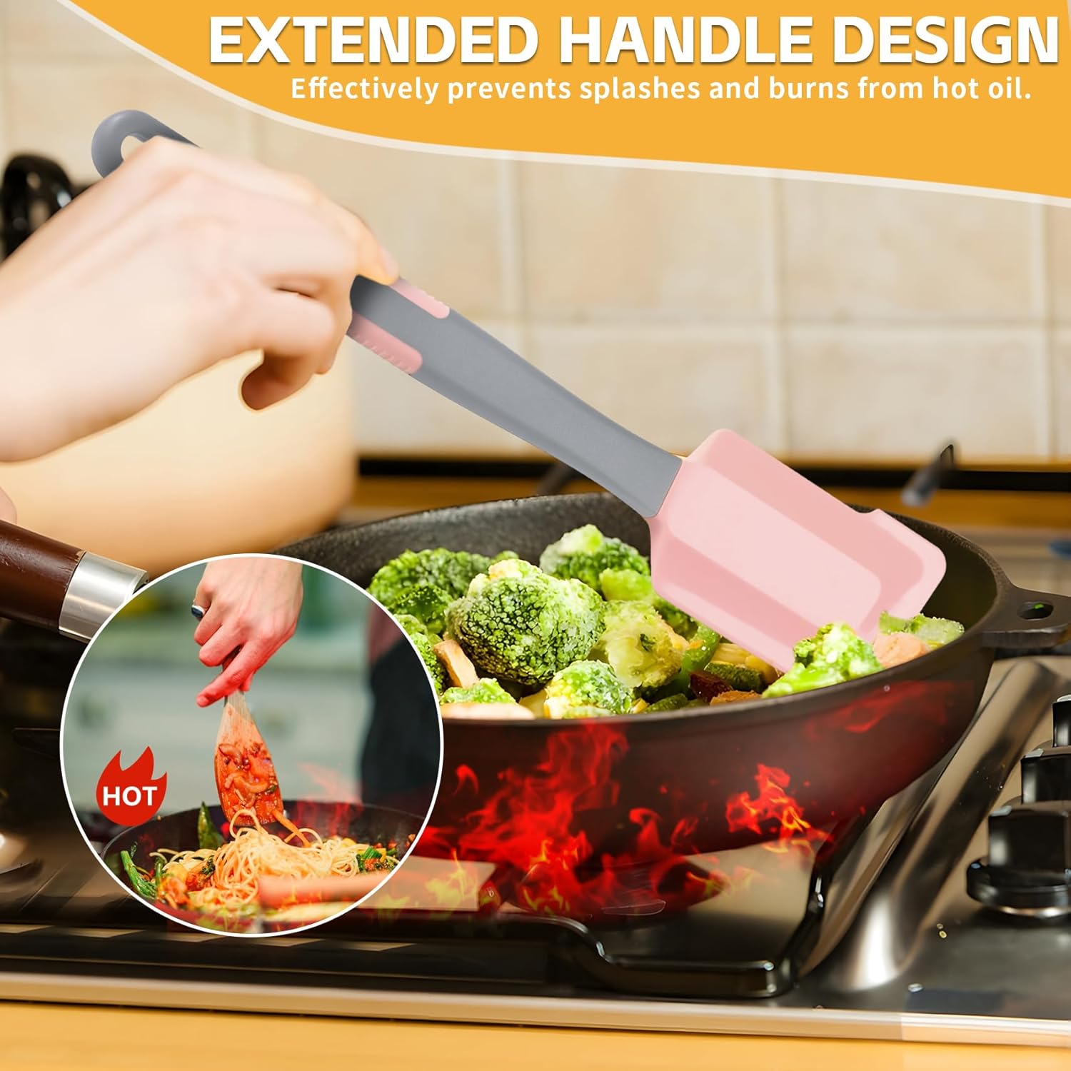 Extra Long Pastry Brush - Silicone Spatula - Basting Brush+Spatula Silicone Heat Resistant,for Baking Scraping Mixing BBQ Grill Kitchen Cooking Spread Oil Butter Sauce (Pink Brush+Spatula)