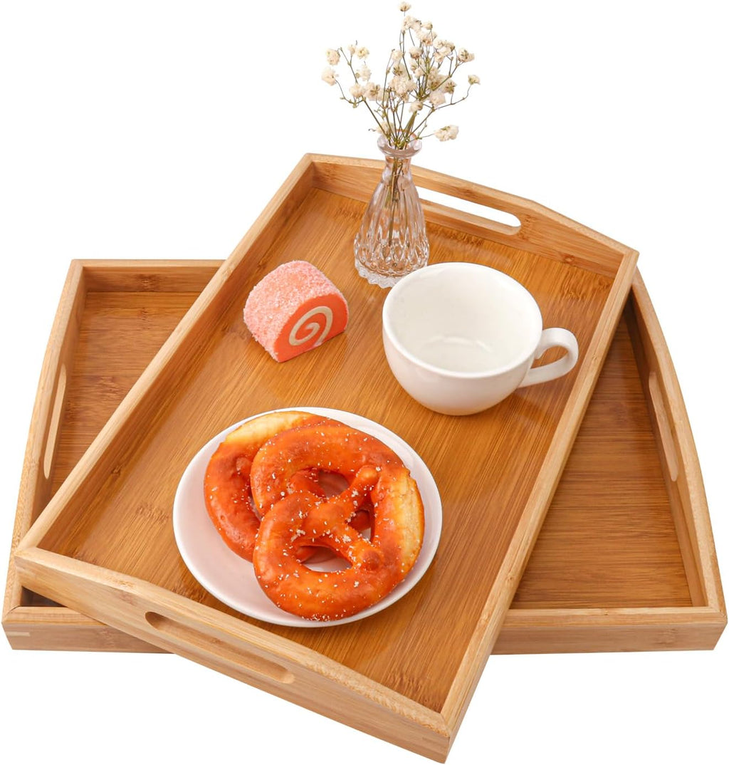 2 PCS Bamboo Serving Tray, 2 Size Nested Breakfast Bed Tray with Handle, Wood Serving Tray for Serving, Breakfast Bed Trays for Eating, Decor, Displaying Cake, Fruit