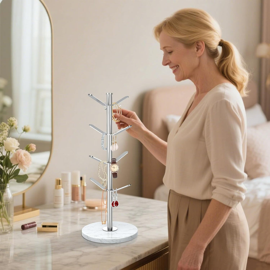 Marble Mug Holder Tree with 8 Hooks, Stainless Steel Coffee Cup Holder, Non-Slip Silicone Pads, Heavy Duty Marble Base, Countertop Organizer for Kitchen & Cafe, Silver