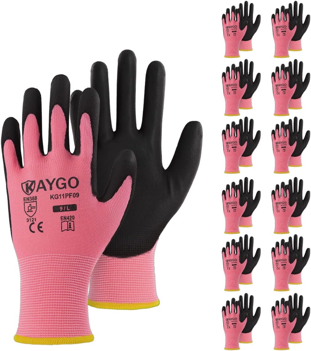 KAYGO Safety Work Gloves PU Coated-12 Pairs Seamless Knit Glove with Polyurethane Coated Smooth Grip on Palm & Fingers, for Men and Women, Ideal for General Duty Work, KG11P (XS, Pink)