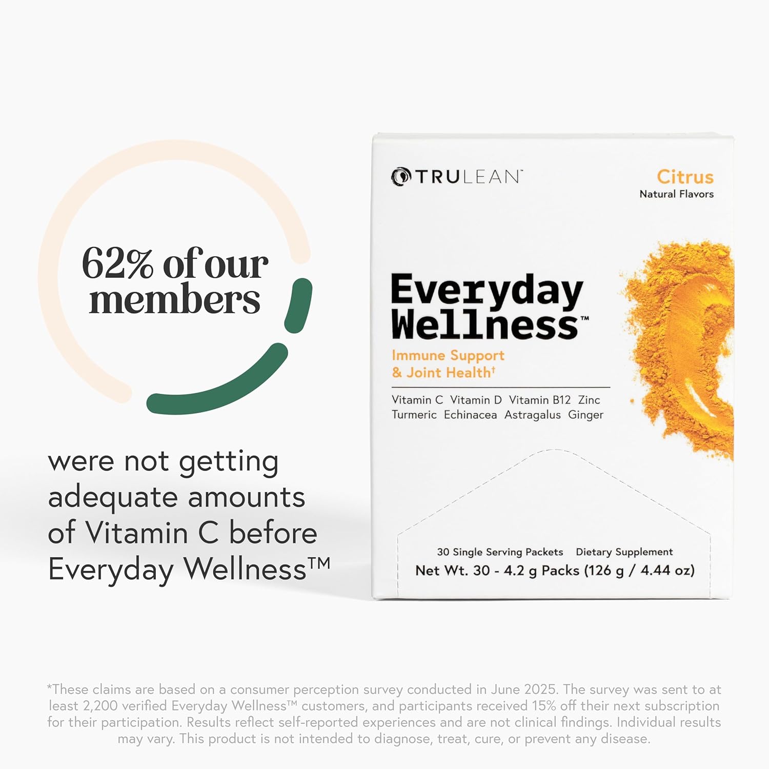 TRULEAN Everyday Wellness Shot Powder - Turmeric, Ginger, Vitamin C, Immunity & Immune Support Supplement - No Artificial Ingredients, No Sugar & Gluten Free - 30 Packets Citrus Flavor