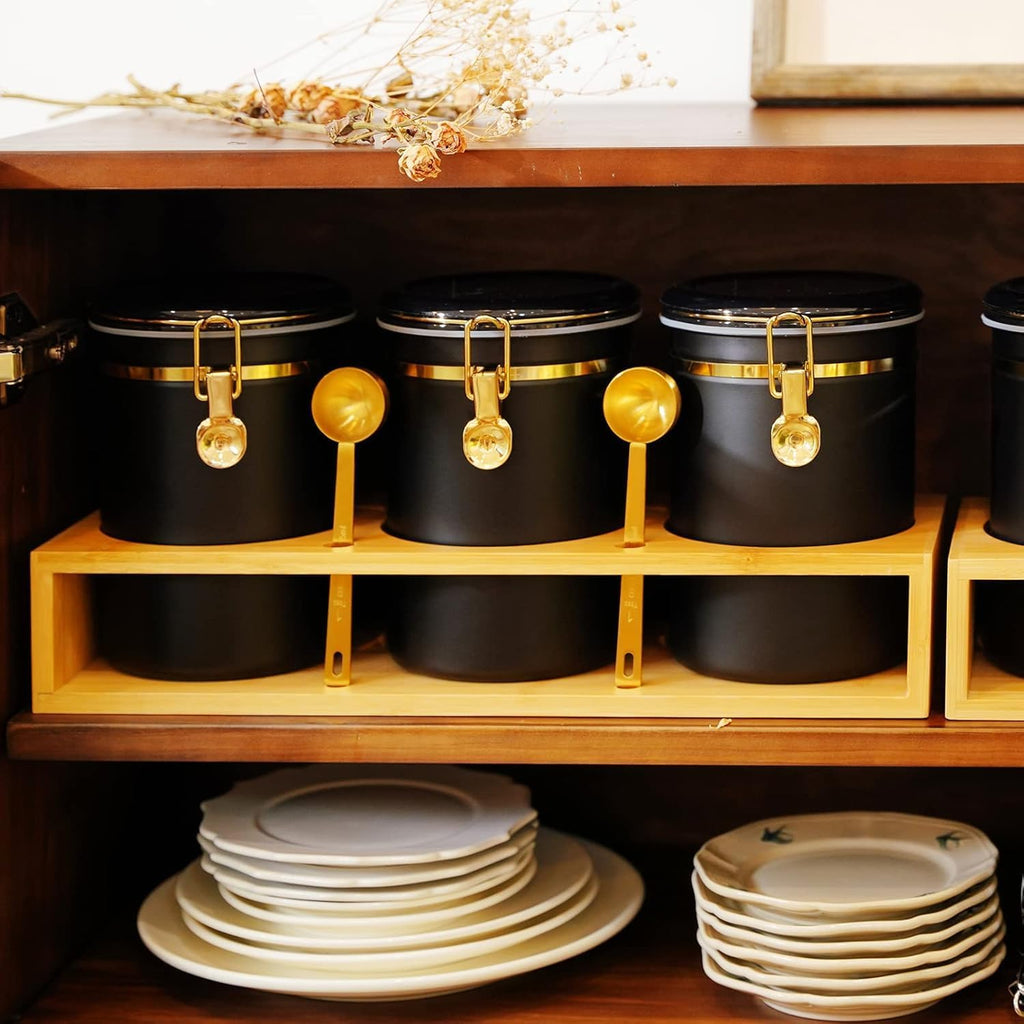 Yangbaga 304 Stainless Steel Coffee Canisters for Ground Coffee,3 x 63 OZ Coffee Container with Shelf Coffee Bean Storage, Food Storage Jar with Gold Airtight Locking Clamp and Spoon for Kitchen