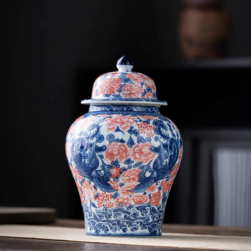 8 inches Phoenix Ginger Jar - red Ceramic Decorative with Lid flower vase， chinoiserie gift Enamel jars for Home/Kitchen/Dining/living room/shelf decor/Tea Storage