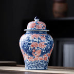 8 inches Phoenix Ginger Jar - red Ceramic Decorative with Lid flower vase， chinoiserie gift Enamel jars for Home/Kitchen/Dining/living room/shelf decor/Tea Storage