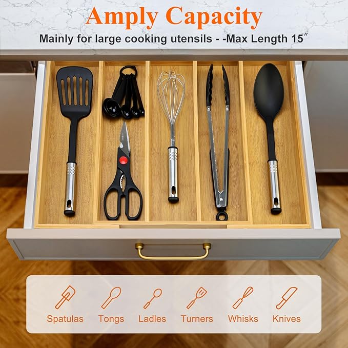 Expandable Silverware Drawer Organizer Storage Large Bamboo Kitchen Tool Utensil Organizers Divider Cutlery Tray Adjustable Flatware Drawer Organizer for Spoon Spatula Cooking Utensils Holder Tray