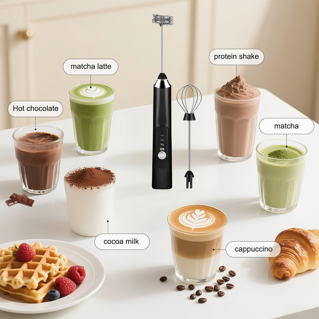 BEoffer Milk Frother Handheld Rechargeable 2000mAH Power Frother Wand Electric Foam Maker with 2 Stainless Whisks 3 Speeds Drink Mixer Coffee Frother for Latte, Cappuccino, Matcha, Hot Chocolate, Egg