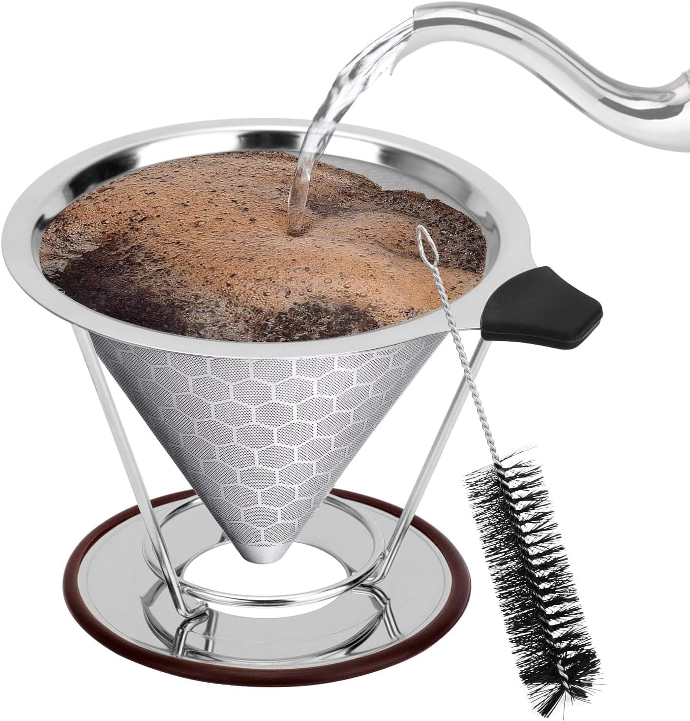 Pour Over Coffee Dripper, Reusable Stainless Pour Over Coffee Maker for (1-4 Cup), Easy to Clean Paperless Pour Over Coffee Maker, Fine Mesh Coffee Strainer with Stand and Bonus Brush