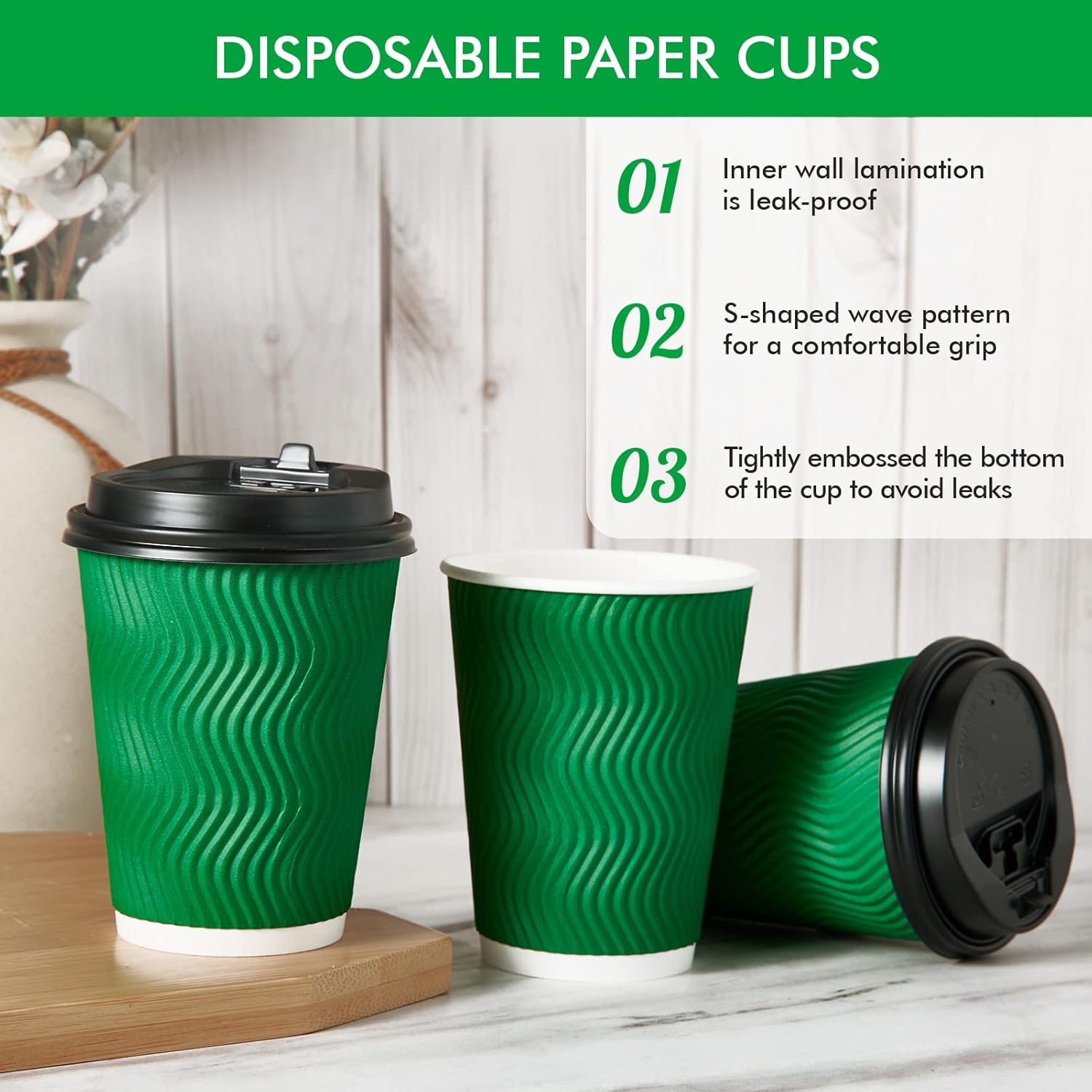 100 Count 12 OZ Coffee Cups with Lids, Insulated Ripple Wall Paper Hot Coffee Paper Cups for Hot Drinks