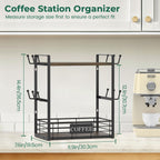 EsLuker.ly Coffee Mug Cup Holder Stand Bar Station Organizer for Countertop, Multi-Functional 2 Tier Mug Tree Rack for Kitchen, Storage Shelf with 12 Hooks, Brown-Black(Patented Design)